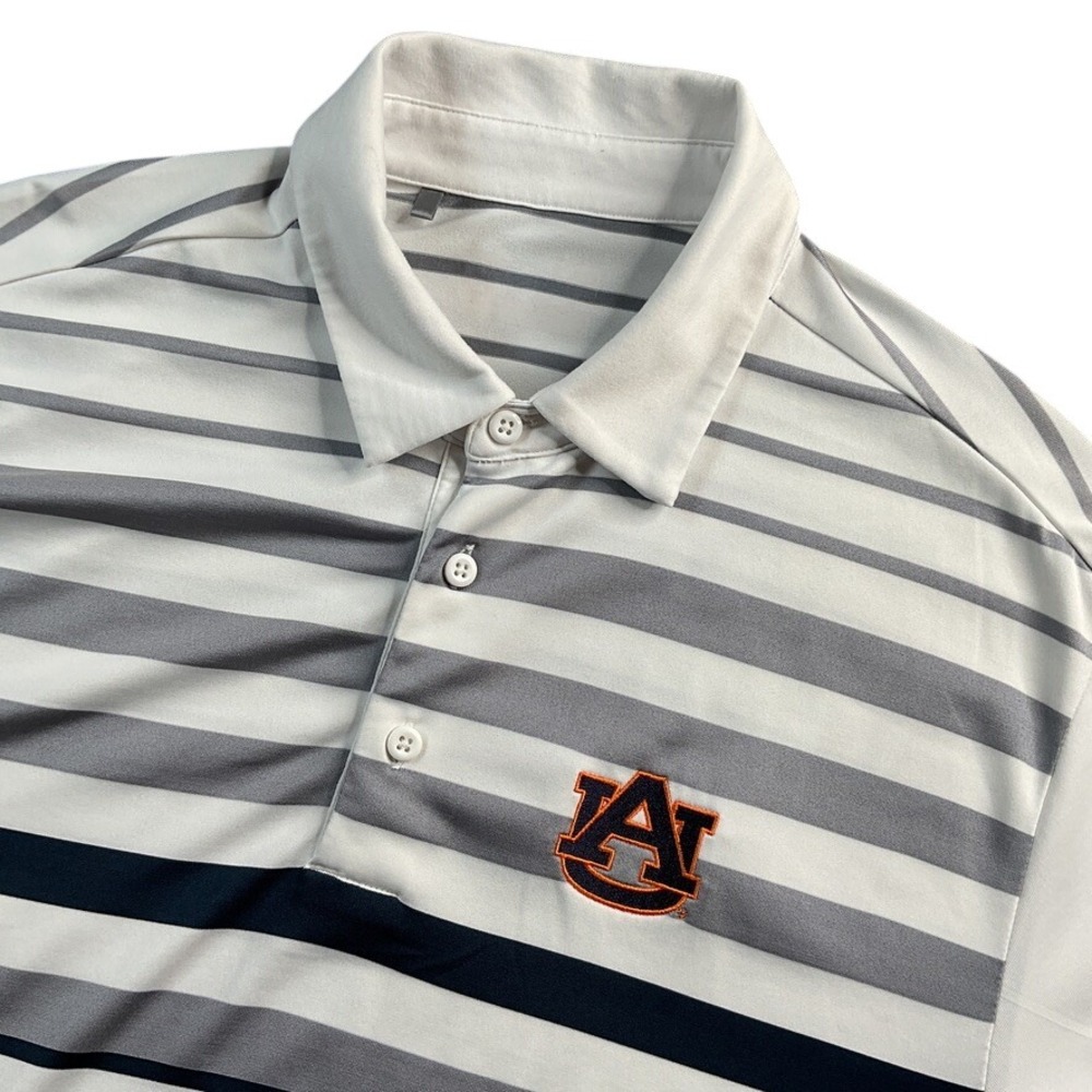Under Armour Auburn Tigers "AU" Polo Shirt Men's Lg Gray White Stripe Golf Shirt